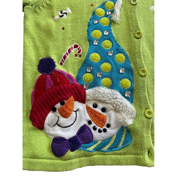 Vtg Heirloom Collectibles Christmas Collection Snowman Cardigan Sweater XL Green - Picture 7 of 8